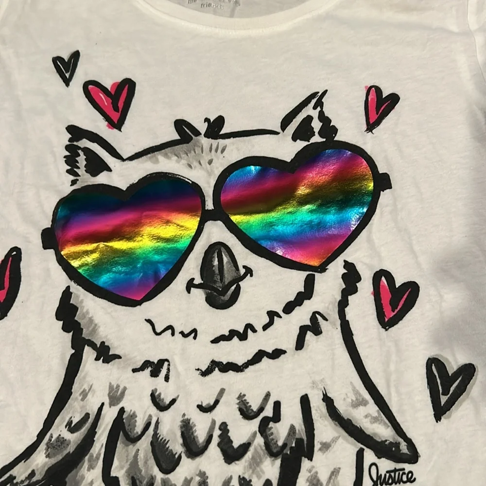 NWT Justice White Cropped Owl Heart Rainbow Glasses Size 18